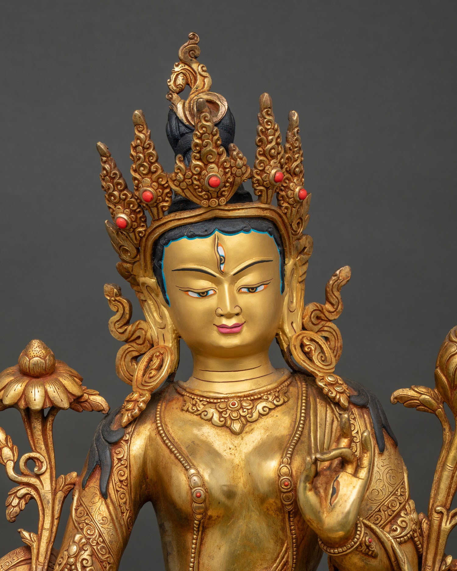 White Tara Statue Front Close Up with Gold Painted Face and Semi Precious Stones