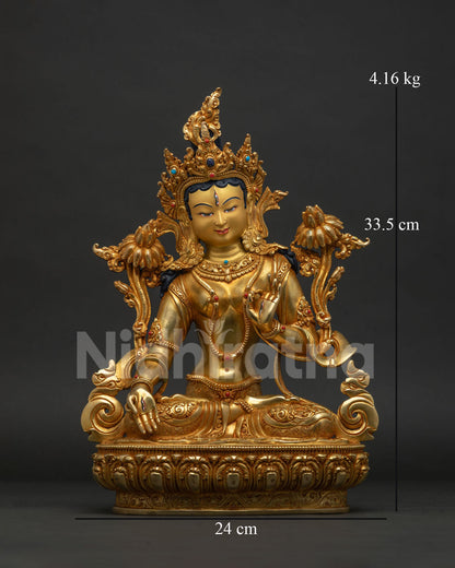 White Tara Statue front view, gold-gilded Buddhist goddess of compassion & longevity