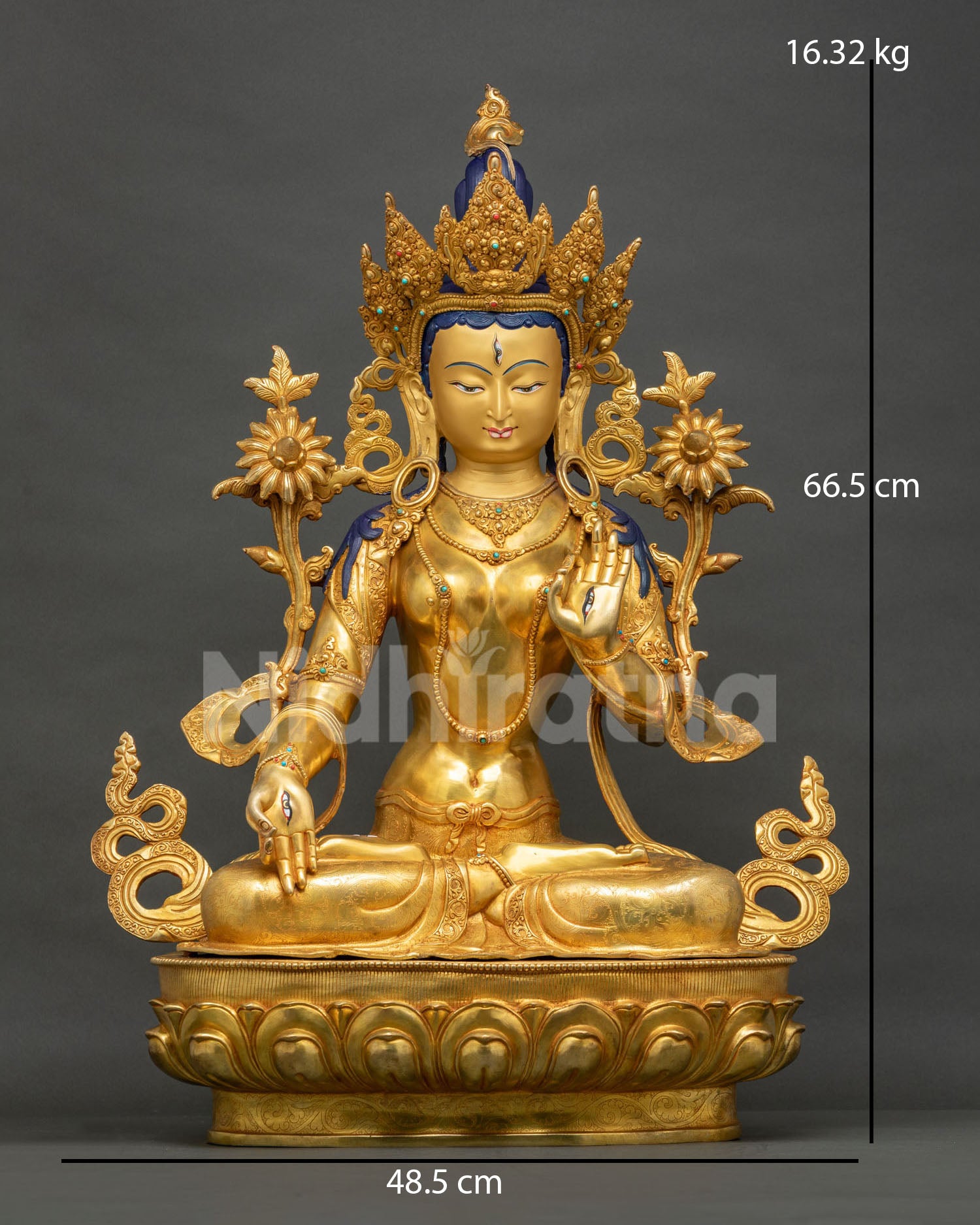 White Tara statue front view, gold-gilded copper Buddhist sculpture handcrafted in Nepal