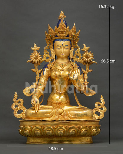 White Tara statue front view, gold-gilded copper Buddhist sculpture handcrafted in Nepal
