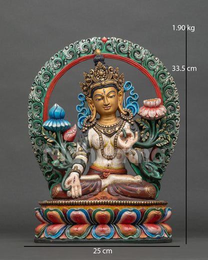 White Tara Statue Front View, Hand-Painted Wooden Buddhist Sculpture