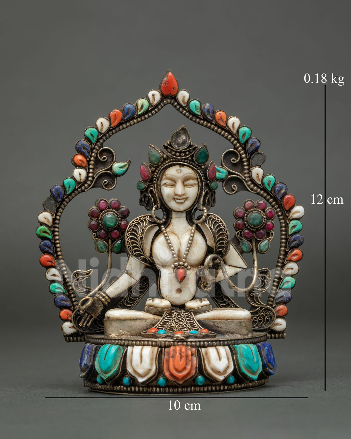 White Tara statue front view, handcarved white stone figure with gemstone halo and lotus base