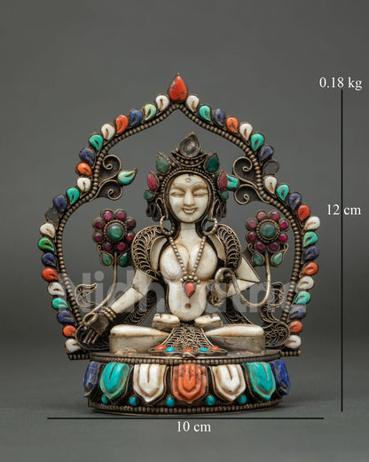 White Tara statue front view, handcarved white stone figure with gemstone halo and lotus base
