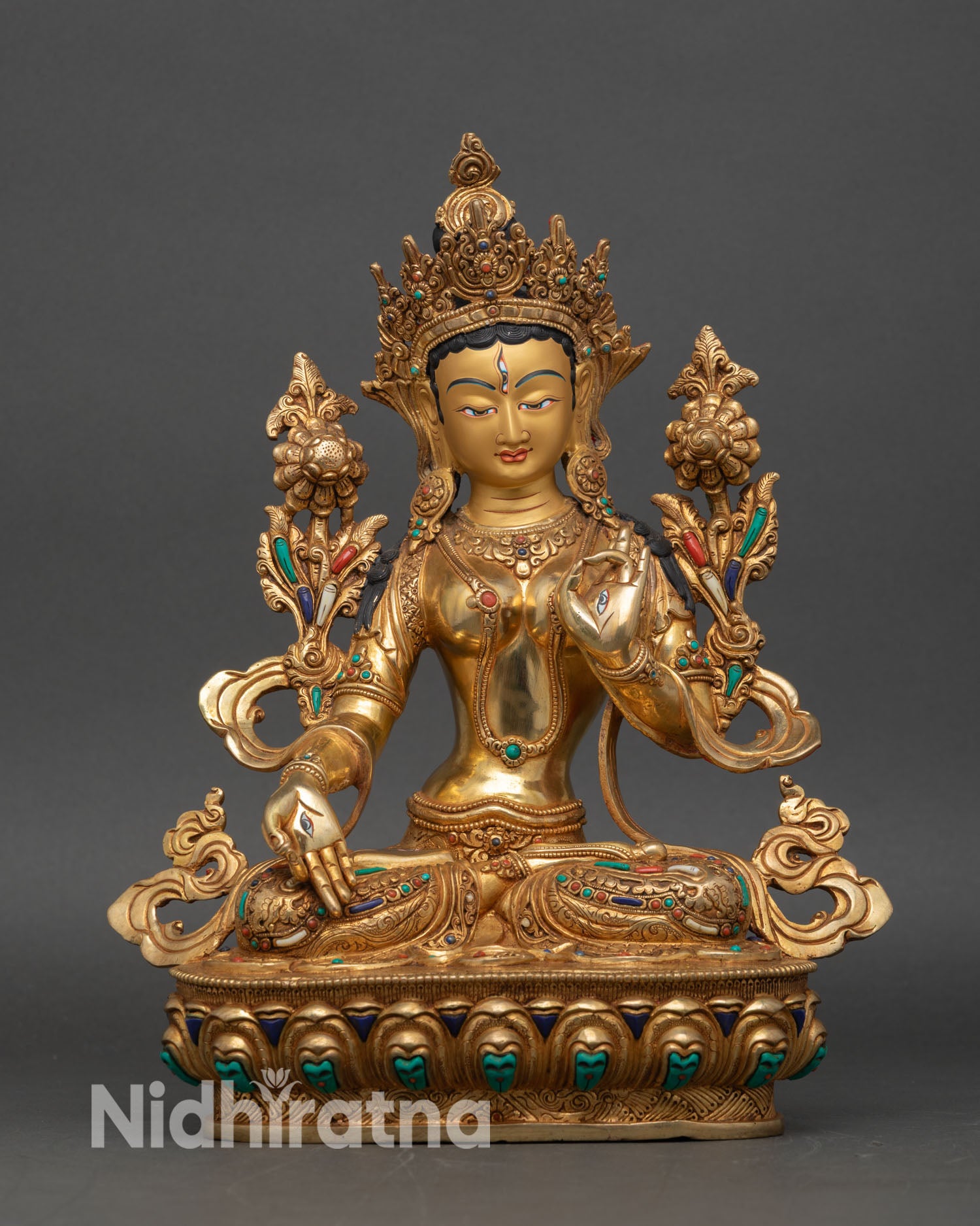 white tara statue front view, handcrafted copper and 24k gold gilded nepalese buddhist art