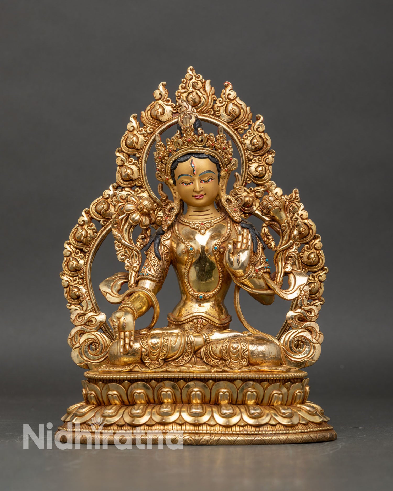 White Tara statue front view, handcrafted copper with 24K gold and semi-precious stones