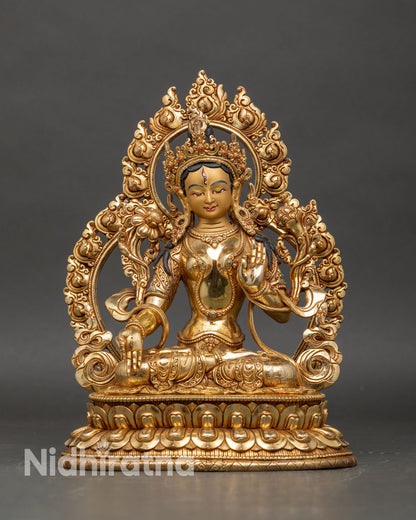 White Tara statue front view, handcrafted copper with 24K gold and semi-precious stones