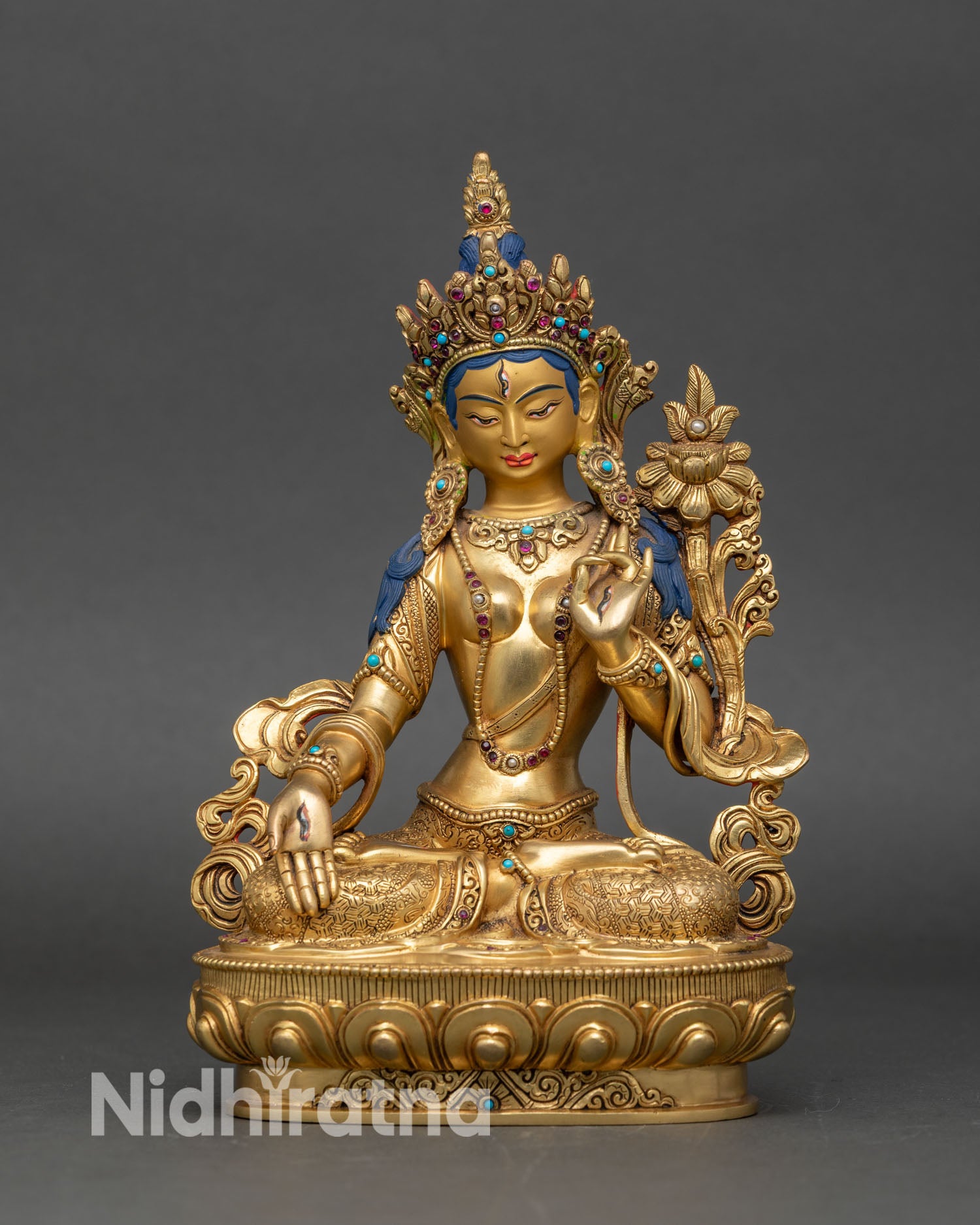 White Tara statue front view, handcrafted copper and 24K gold with semi-precious gems