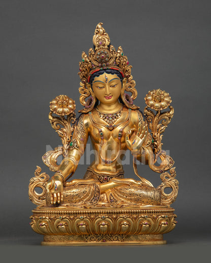 white tara statue front view handcrafted copper gold gilded buddhist deity nepal lotus pedestal