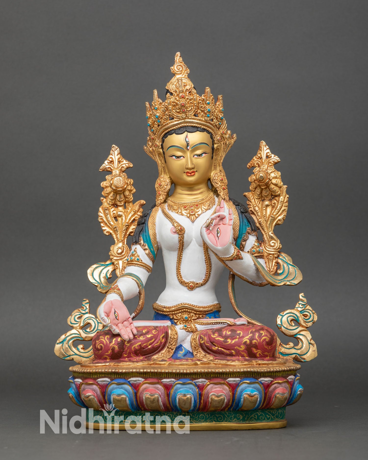 white tara statue front view, handcrafted copper with gold-gilded robes and crown