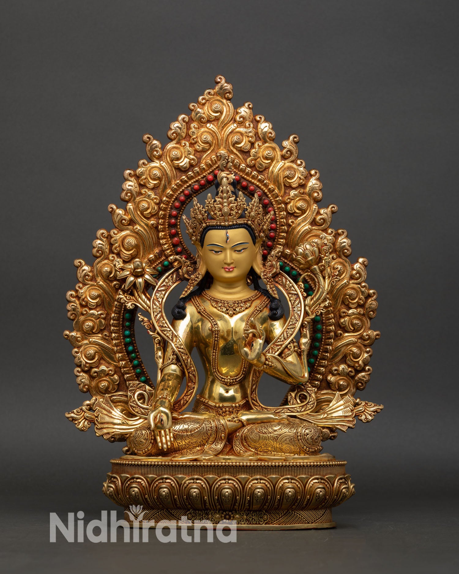 White Tara statue front view handmade Nepal copper 24K gold gilded seven eyed goddess lotus throne spiritual healing Buddhist art