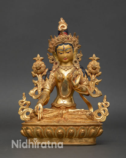 White Tara statue front view handmade Nepal copper gold gilded Buddhist goddess healing longevity altar decor