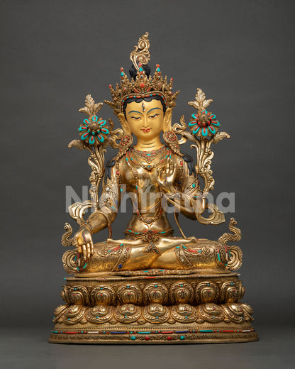 White Tara Statue front view with gold-gilded copper body and turquoise coral stone inlays