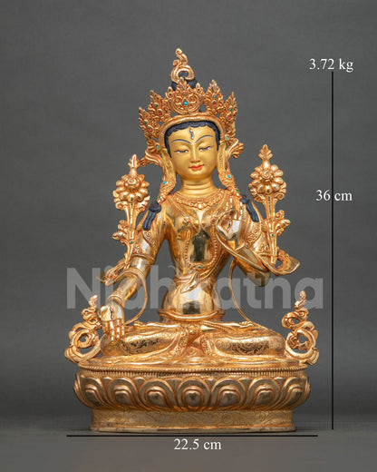 White Tara Statue gold fire gilded copper seven eyes lotus pedestal.