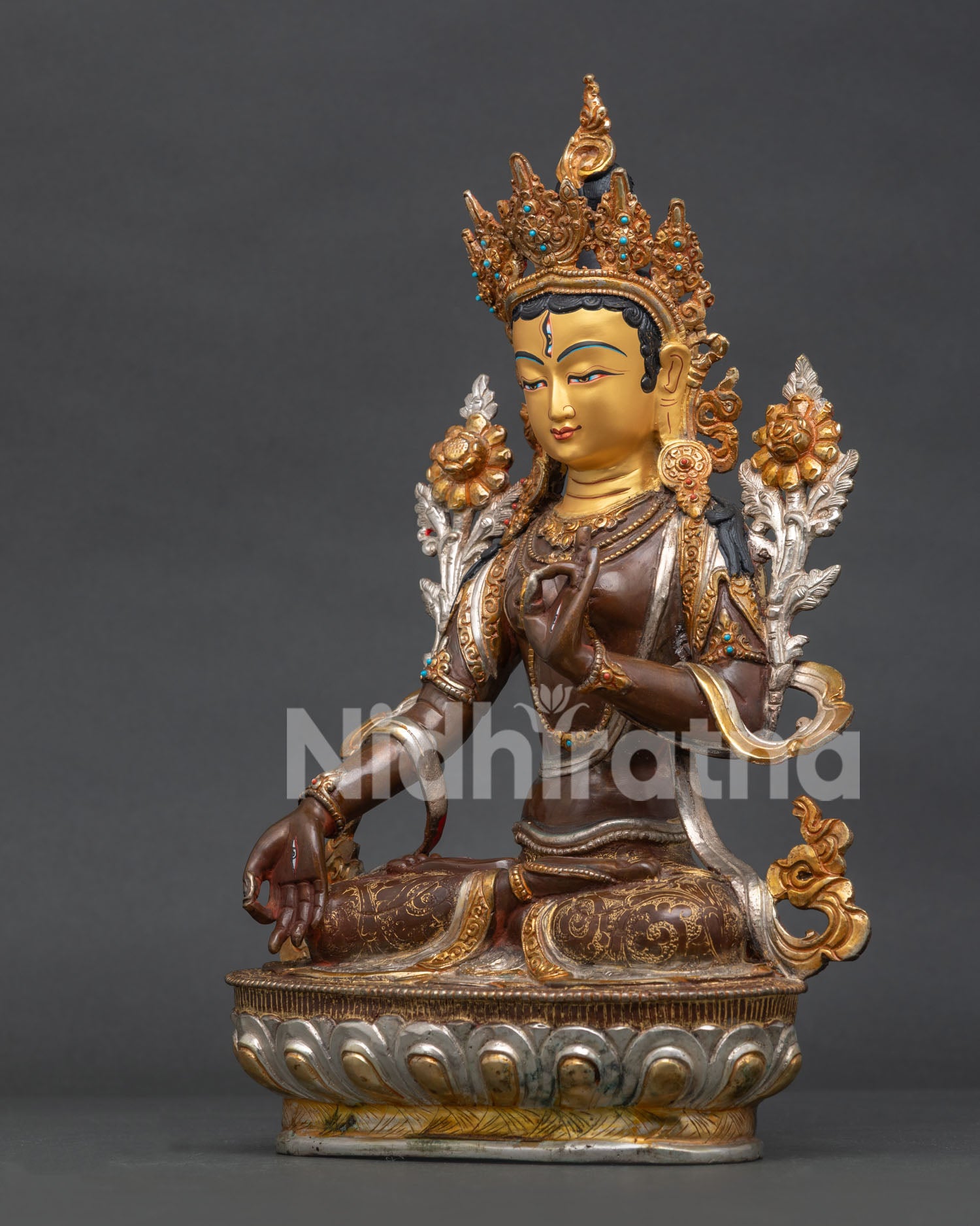 White Tara Statue Gold Gilded Copper Left Side View