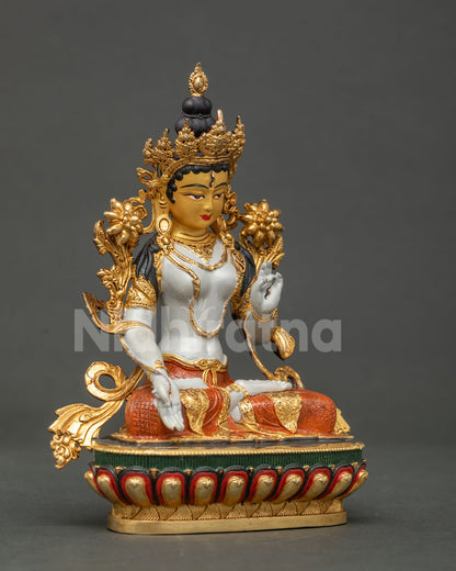 White Tara statue handcarved floral silk garment Newari art.