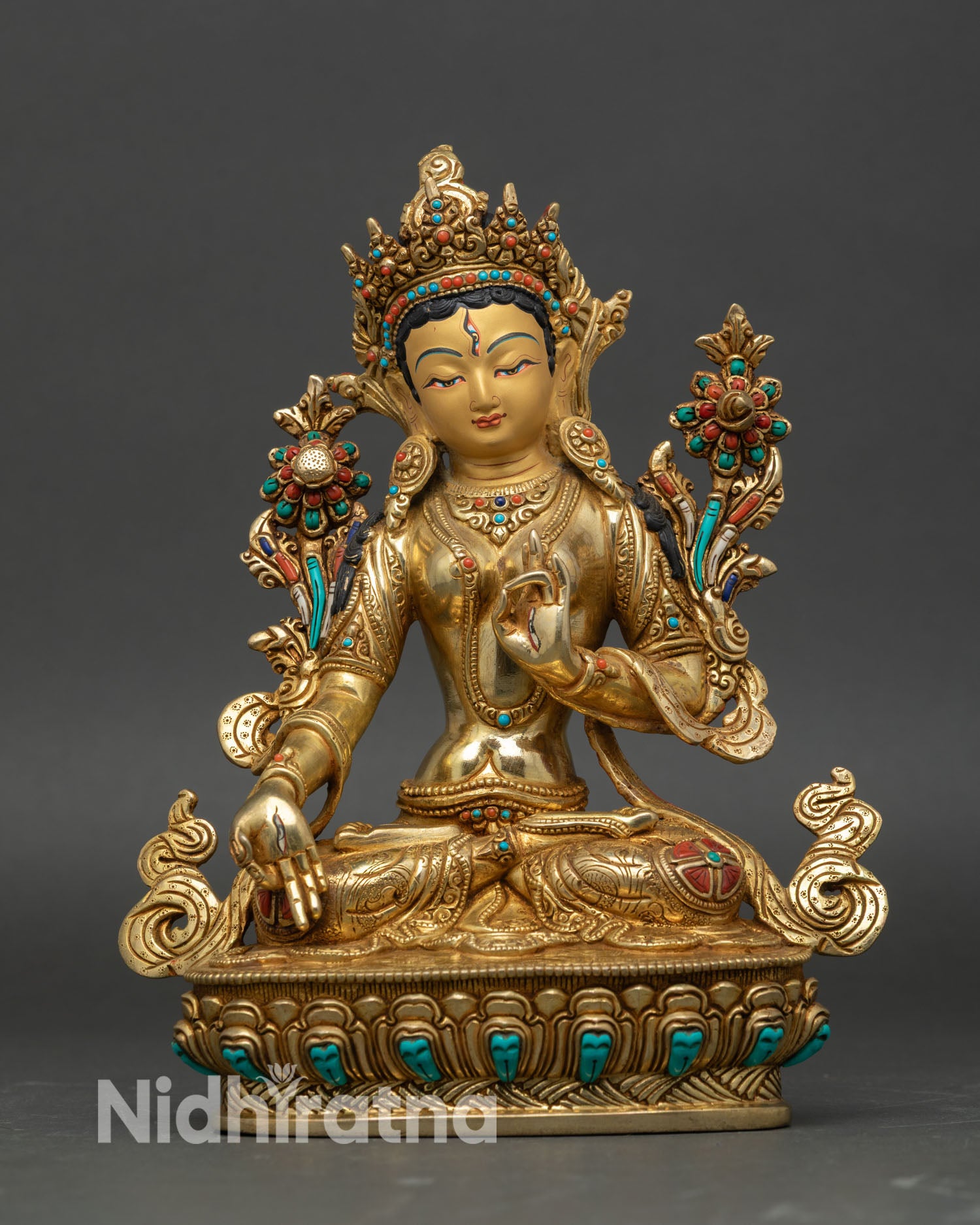 White Tara handcrafted copper sculpture, gold fire gilded Nepalese Buddhist art
