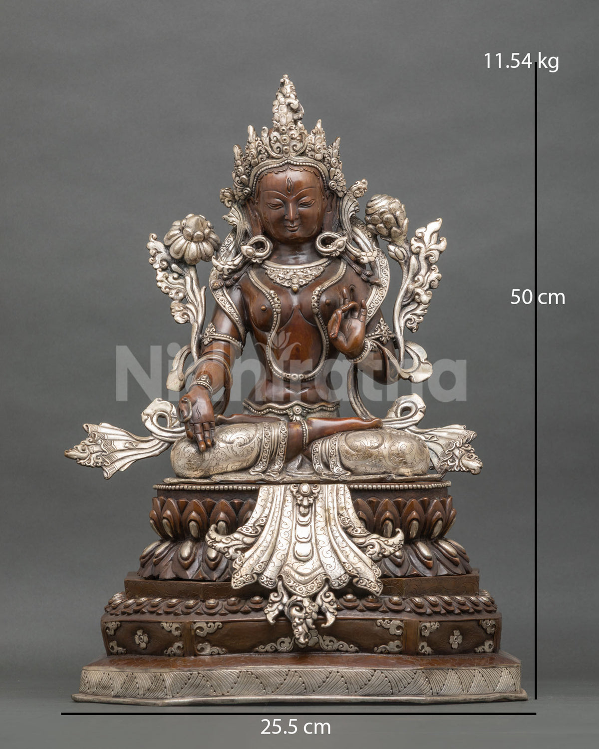 White Tara statue handcrafted copper with silver-plated finish and lotus pedestal