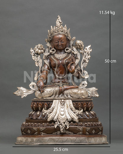 White Tara statue handcrafted copper with silver-plated finish and lotus pedestal