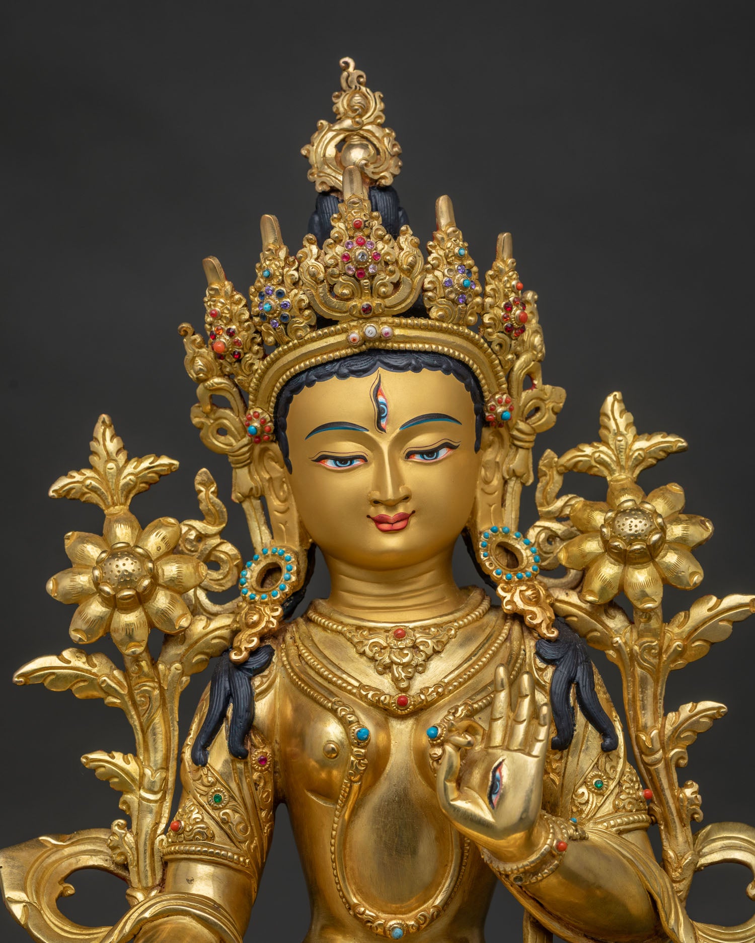 White Tara Statue handcrafted in copper with 24K gold fire gilding front view