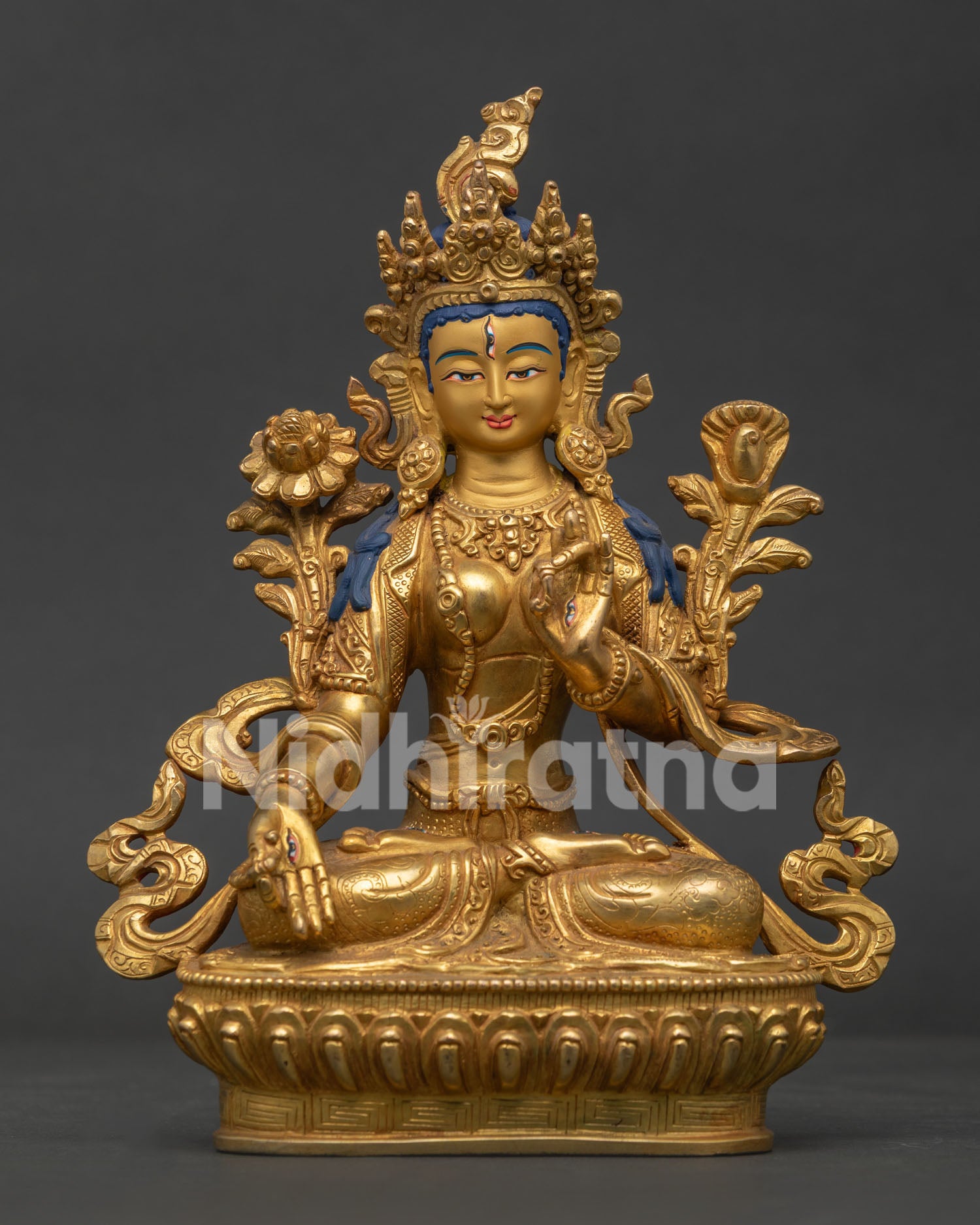 White Tara Statue Handcrafted in Nepal with 24K Gold Fire Gilding.