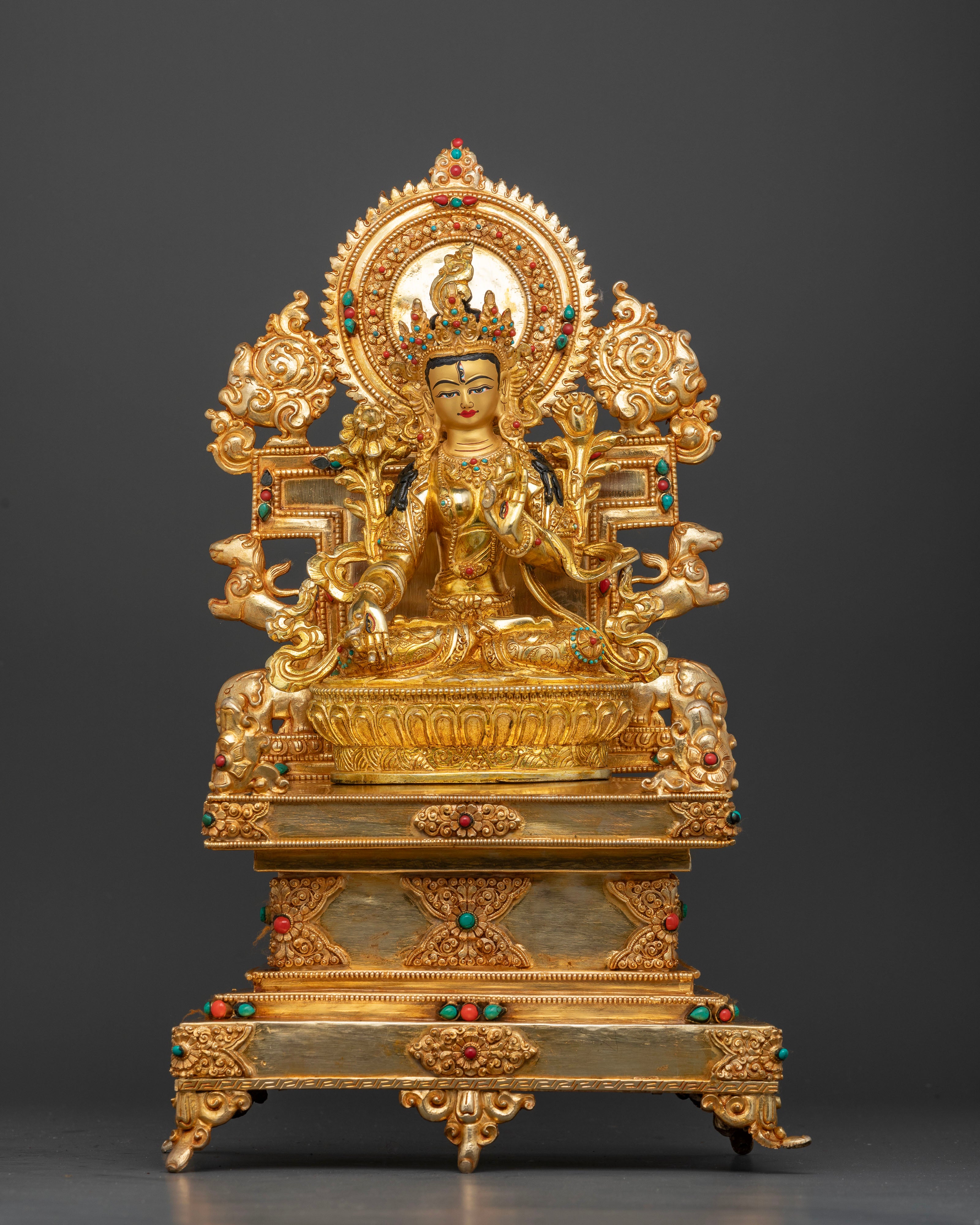 White Tara statue handcrafted in Nepal with 24K gold gilding and jeweled ornaments