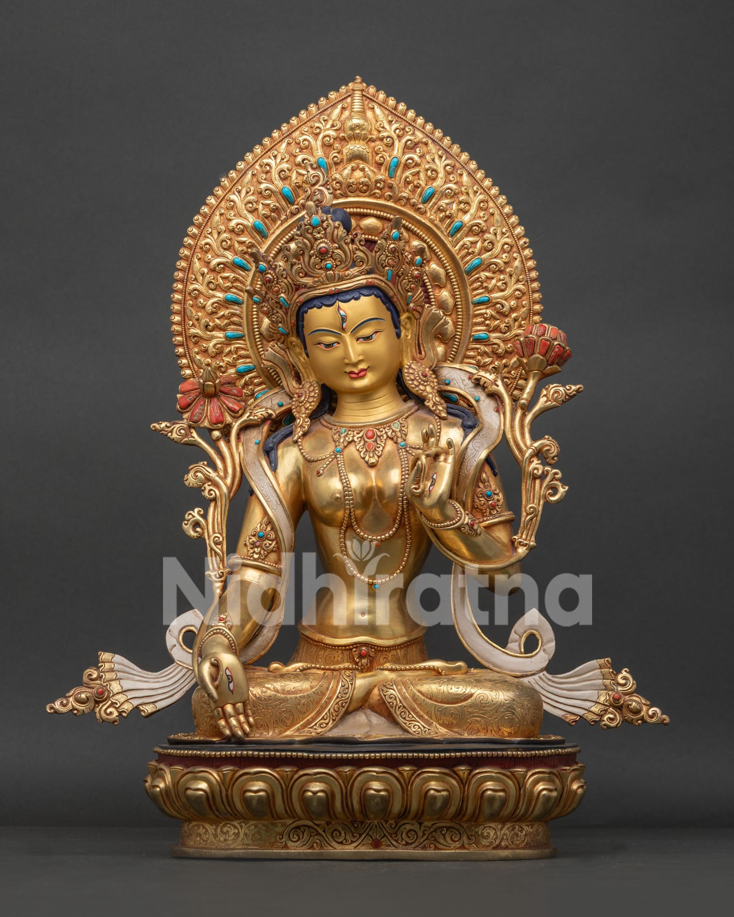 White Tara Statue handcrafted in Nepal with 24K gold gilding and turquoise stone inlays front view