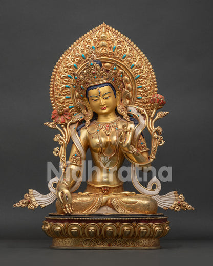 White Tara Statue handcrafted in Nepal with 24K gold gilding and turquoise stone inlays front view