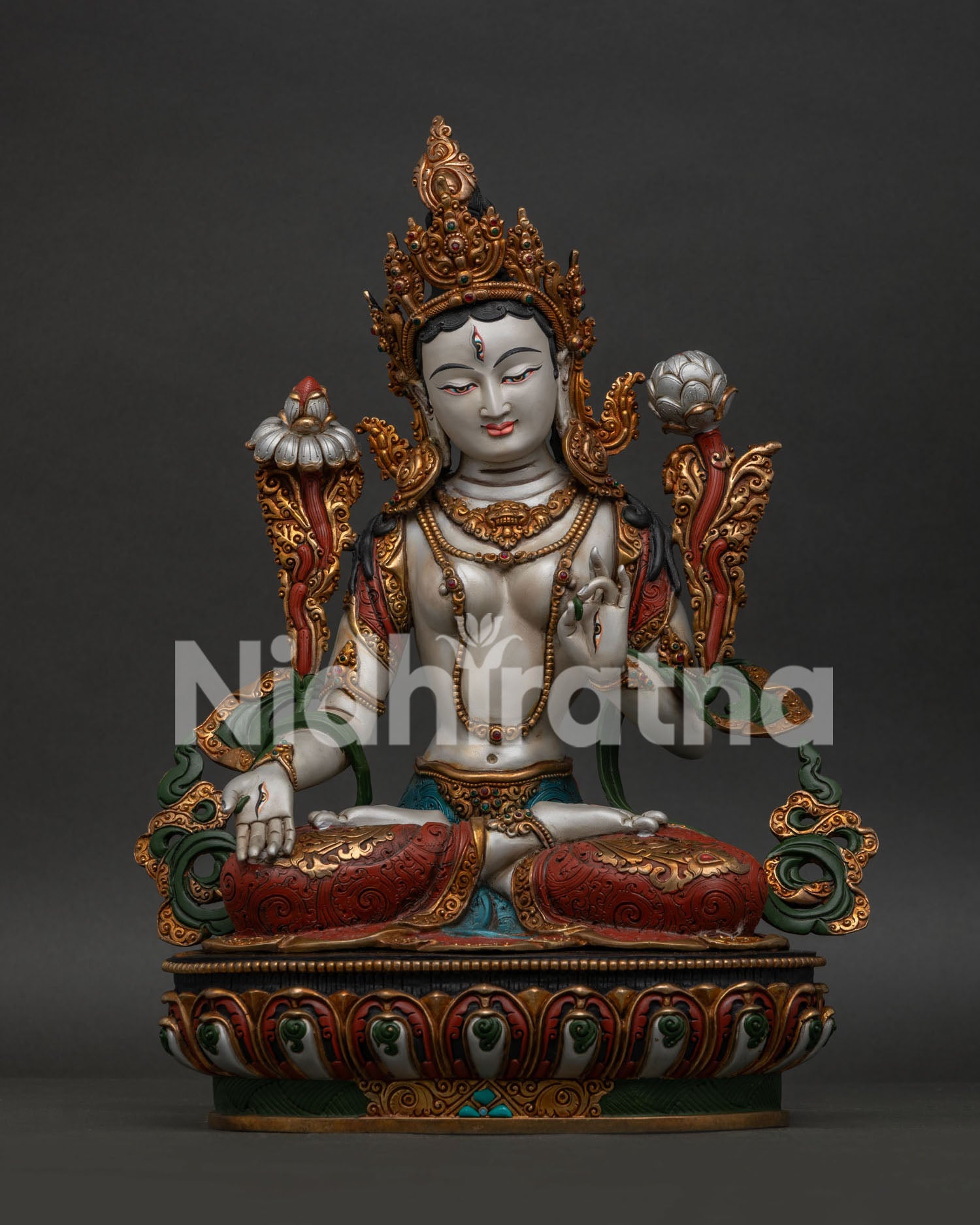 White Tara Statue, handcrafted in Nepal with gold gilding and lotus pedestal