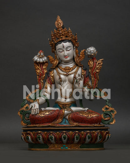White Tara Statue, handcrafted in Nepal with gold gilding and lotus pedestal