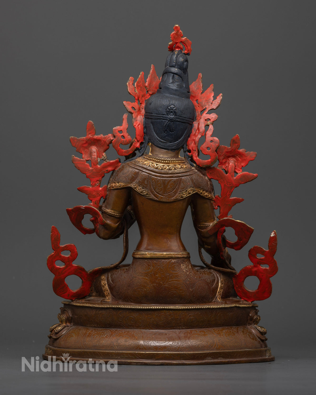 White Tara statue handcrafted by a skilled Newari artist from Patan Nepal with a half oxidized gold finish for a Buddhist altar.