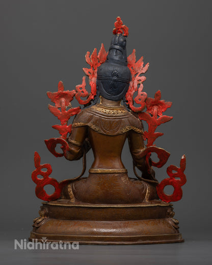 White Tara statue handcrafted by a skilled Newari artist from Patan Nepal with a half oxidized gold finish for a Buddhist altar.