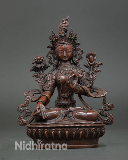 White Tara statue handcrafted nepal oxidized copper buddhist goddess of compassion seated meditation lotus pedestal