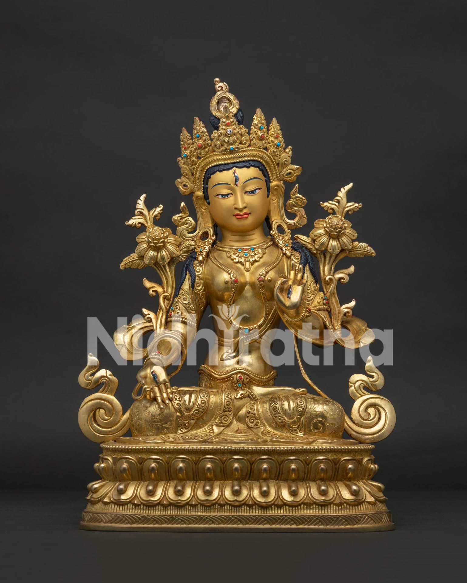 White Tara Statue handmade in Nepal with 24K gold gilded copper and lotus throne
