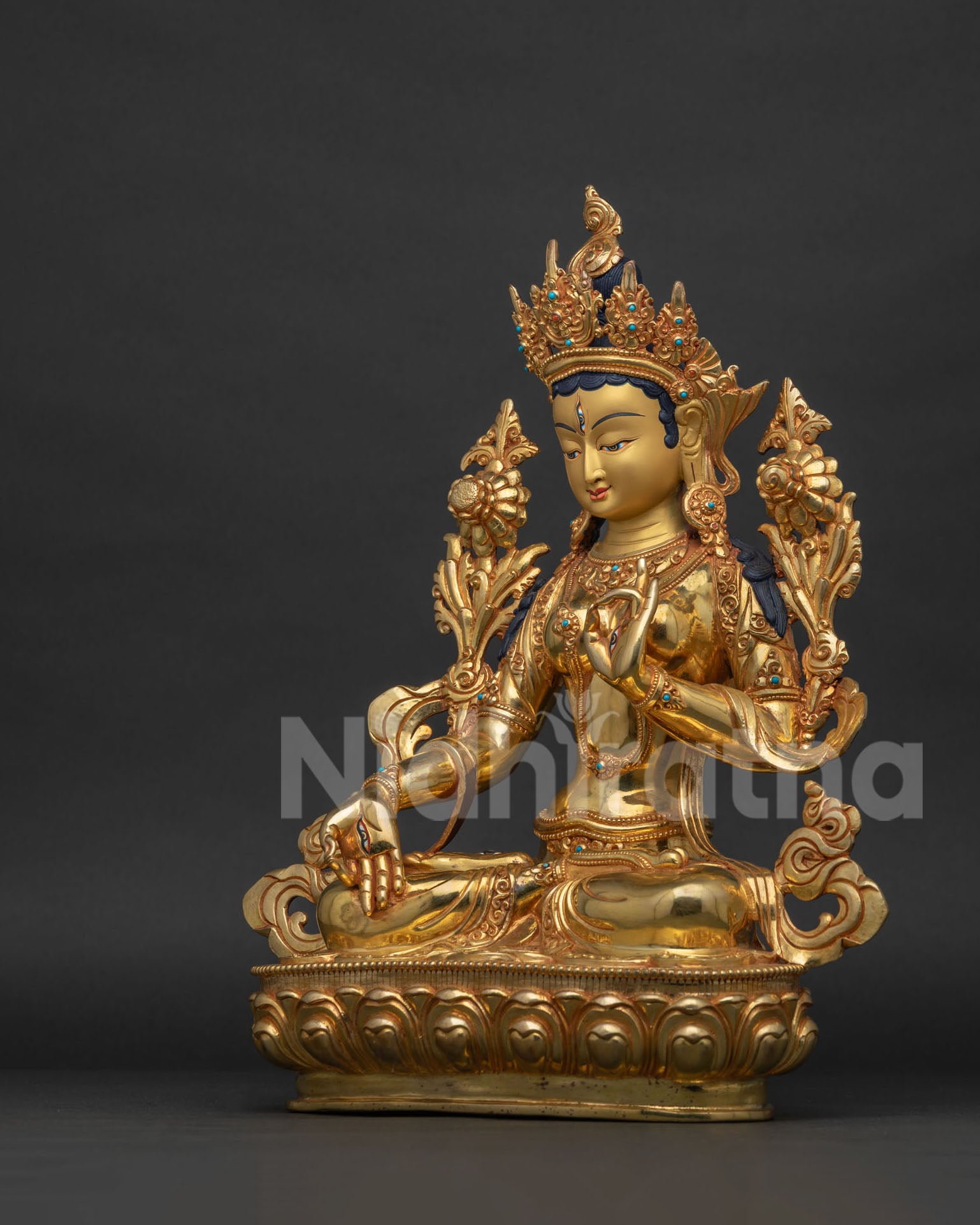 White Tara Statue left side view, gold gilded Himalayan Buddhist statue