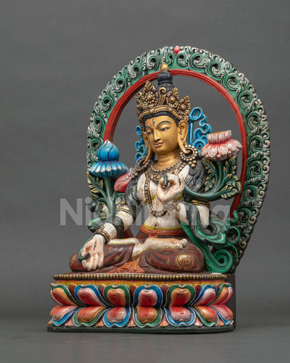 White Tara Statue Left Side View, Handcarved Wooden Nepal Sculpture