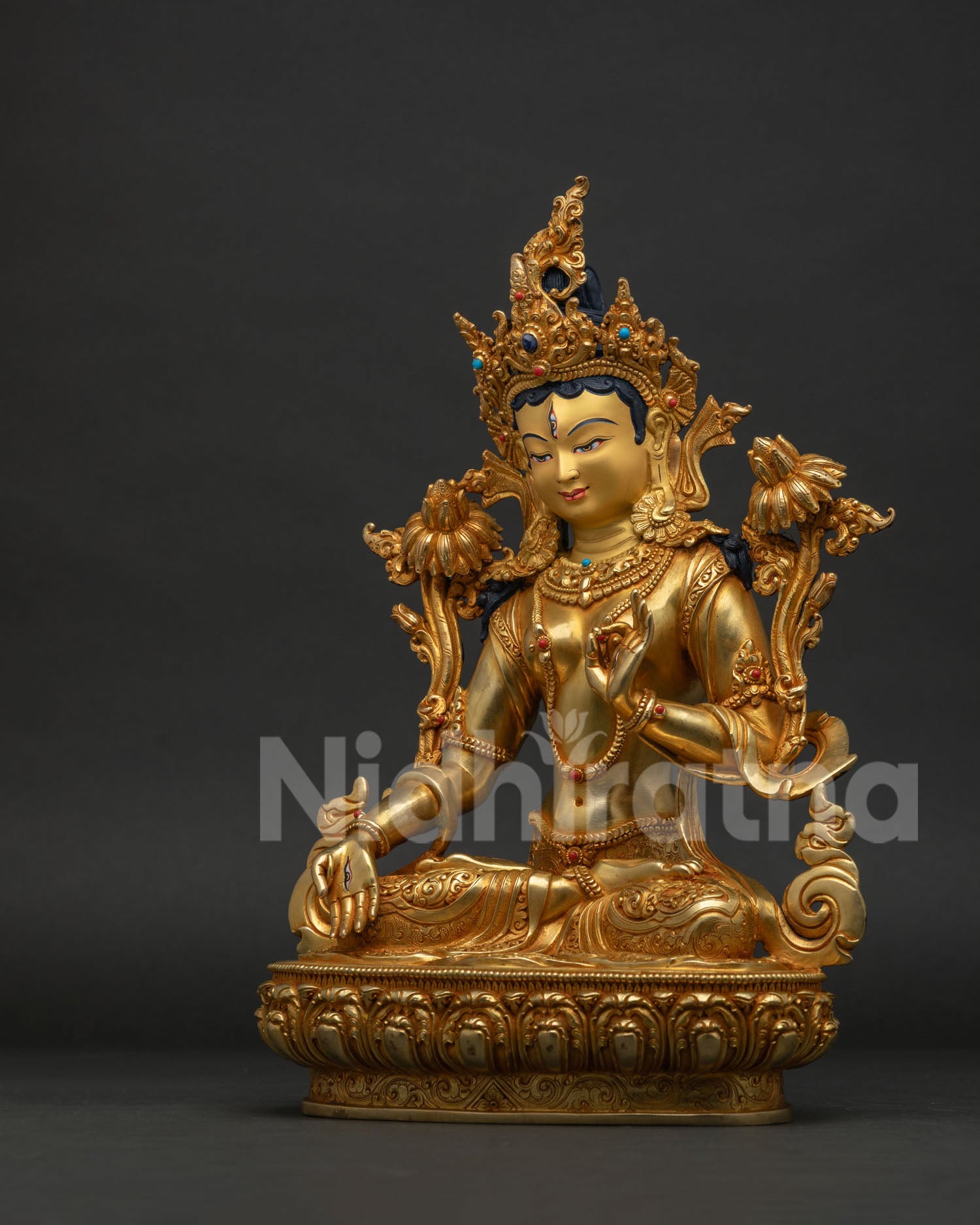 White Tara Statue left side view, Nepalese lost-wax cast Buddhist goddess