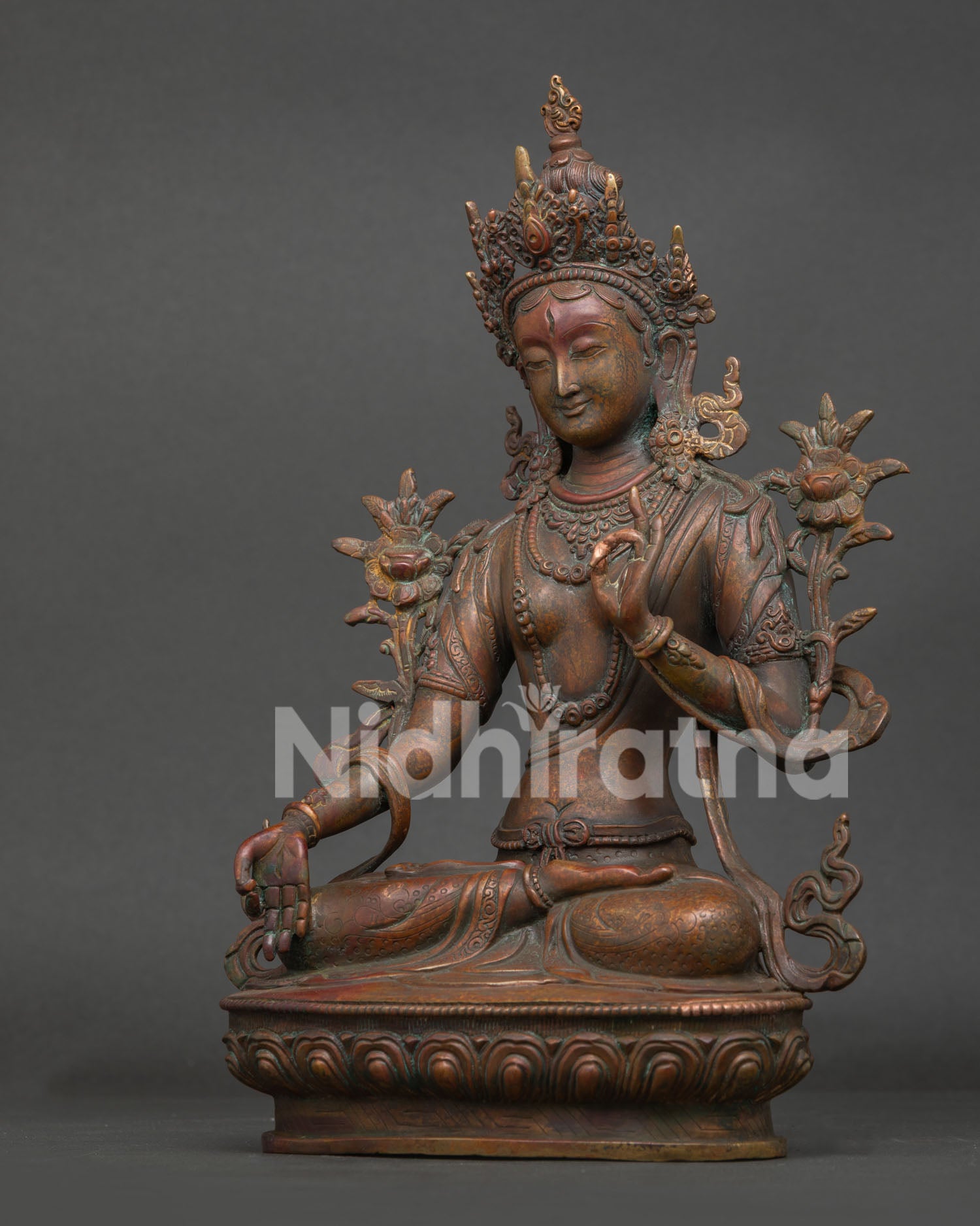 White Tara Statue Lotus Posture Compassionate Eyes Side View.