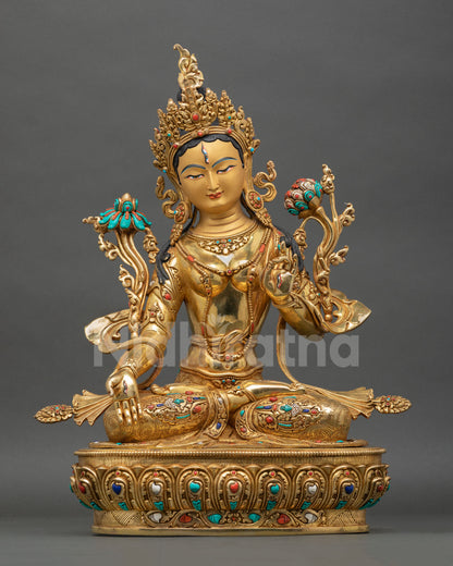 White Tara statue Nepal copper gold gilded handcrafted Newari artisan front view seven eyes Buddhist deity meditation altar decor