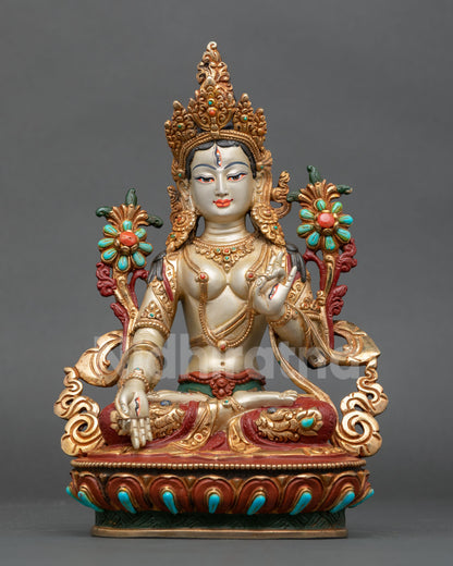 white tara statue nepal handcrafted copper gold gilded buddhist goddess front view meditation altar sculpture