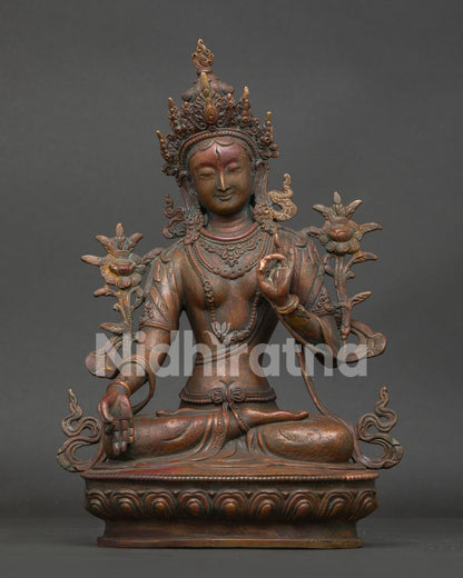 White Tara Statue Oxidized Antique Copper Lotus Pedestal Front View.