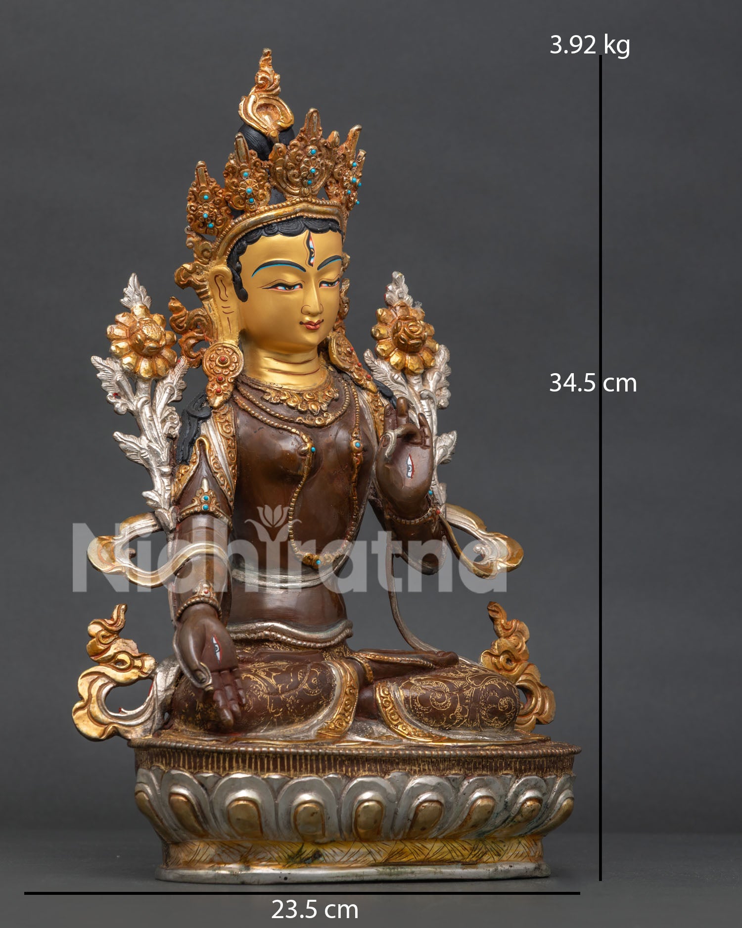 White Tara Statue Oxidized Copper Right Side View