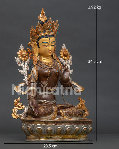 White Tara Statue Oxidized Copper Right Side View