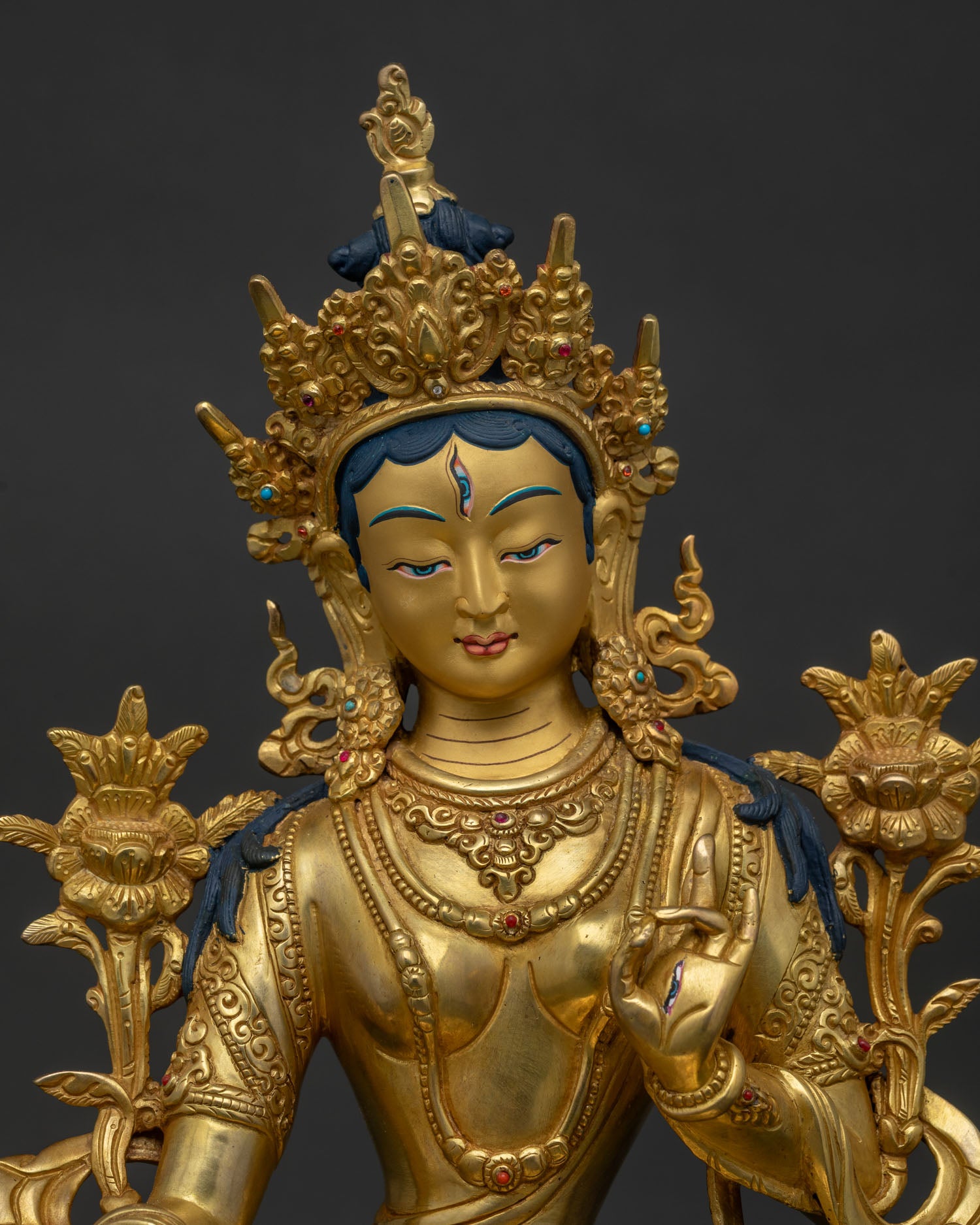 White Tara Statue regular close up gold gilded copper Buddhist art