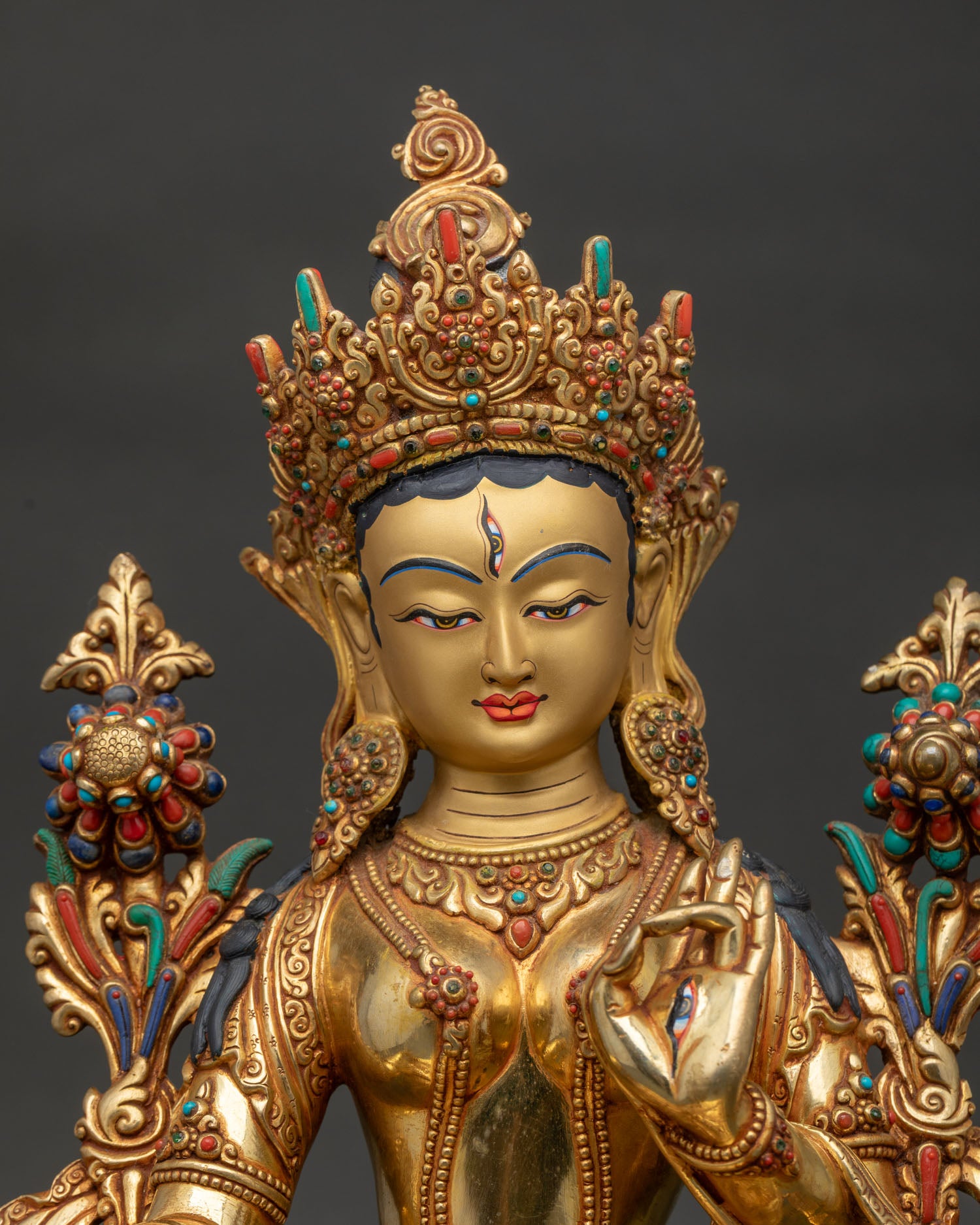 White Tara Statue regular close up showing serene face lotus seat and sacred details