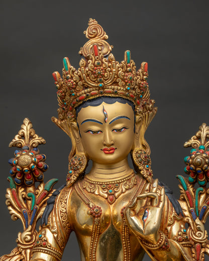 White Tara Statue regular close up showing serene face lotus seat and sacred details