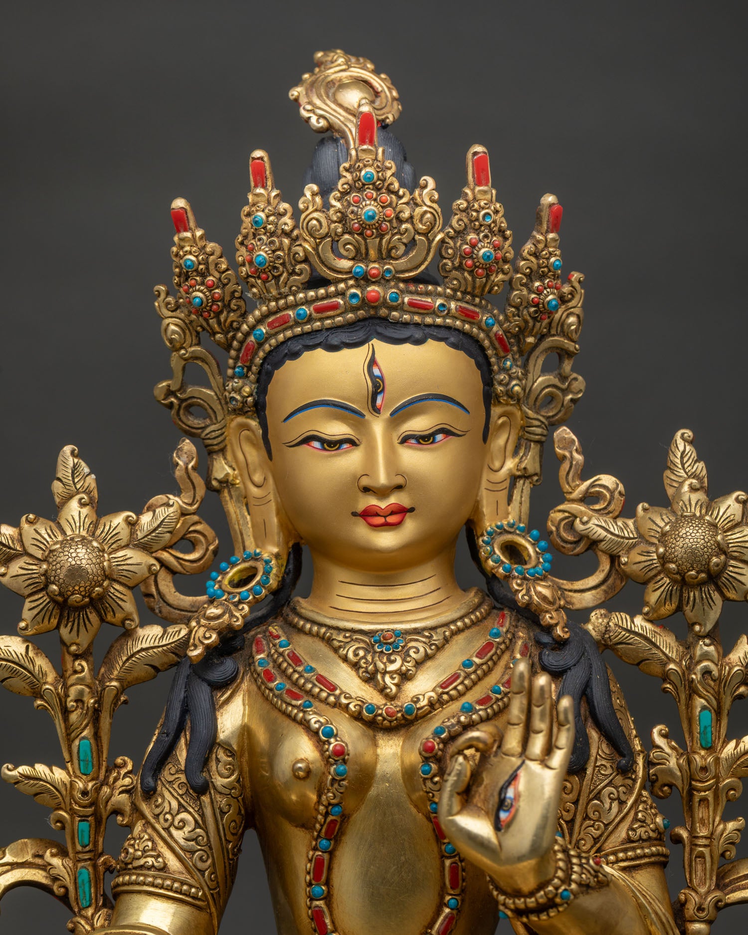 White Tara Statue regular close up showing seven eyes and gold painted face details