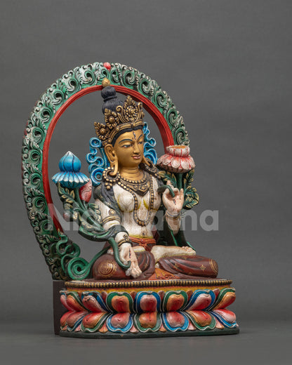 White Tara Statue Right Side View, Handcarved Wooden Nepal Sculpture