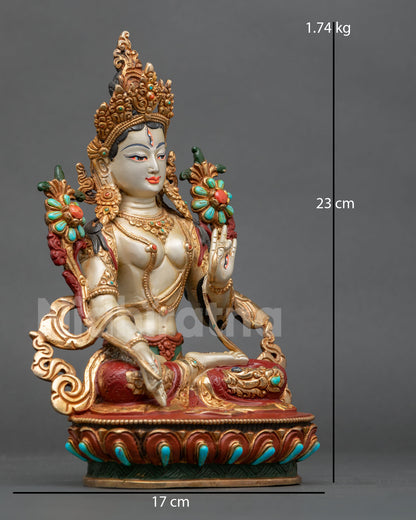 white tara statue right side view handcrafted copper alloy gold gilded tibetan buddhist goddess long life altar art