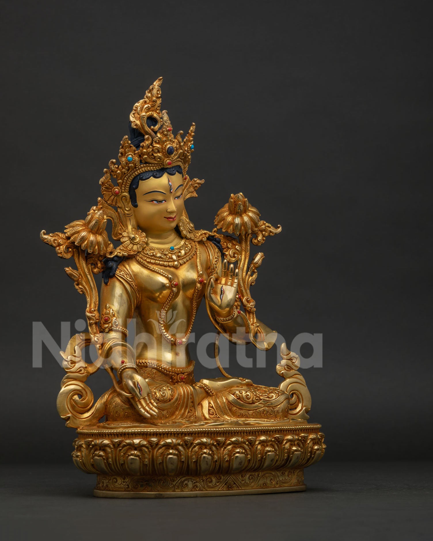 White Tara Statue right side view, handcrafted copper Buddhist deity sculpture