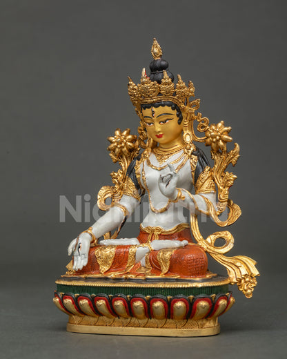 White Tara statue seven compassionate eyes copper Nepalese craft.